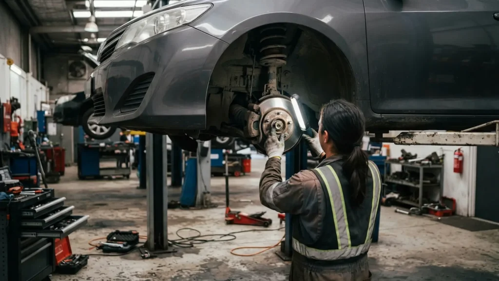 Mechanic inspecting a car brake assembly, explaining why VSSI Inspection fail during vehicle checks at Chase autobody.