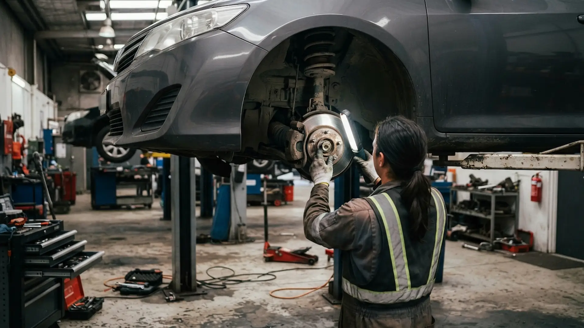 Mechanic inspecting a car brake assembly, explaining why VSSI Inspection fail during vehicle checks at Chase autobody.